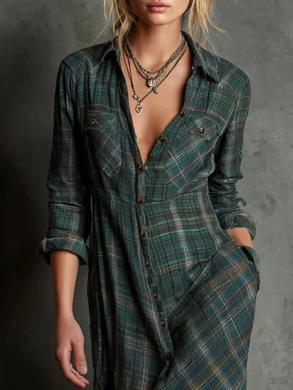 Odisea™ | Vestido largo de cuadros verde